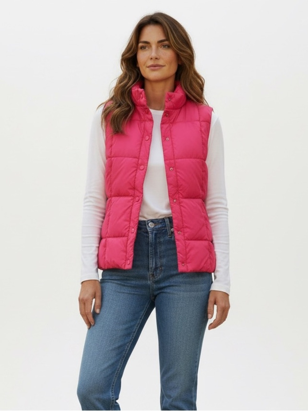 LANDS END women’s Hot Pink Quilted Puffer Vest duck down feather outerwear snaps
